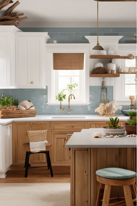 Elevate your kitchen's style with these 12 affordable coastal transformation tips. Kitchen For Beach House, New England Beach House Kitchen, Neutral Kitchen With Blue Accents, Coastal Kitchen Inspiration, Cottage Coastal Kitchen, Coastal Ranch Interior Design, Florida Beach House Interior Design, Kitchen Beach Style, Cozy Beach House Kitchen