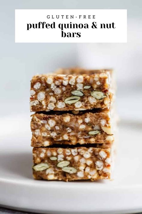 Puffed Quinoa Bars Healthy, Puffed Quinoa Recipes Healthy, Quinoa Puff Bars, Puffed Quinoa Granola Bars, Puffed Quinoa Granola, Quinoa Puffs Recipes Healthy, Puffed Millet Bars, Puffed Quinoa Treats, Puff Quinoa Recipes