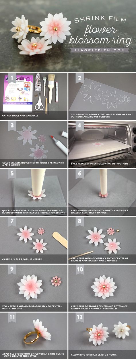 DIY Ring Tutorial - shrink plastic film and Silhouette cutter Shrink Art Diy, Shrink Plastic Crafts, Shrink Film Ideas, Shrink Plastic Ideas Diy, Shrinky Dink Flowers, Shrink Plastic Art, Shrink Plastic Flowers, Shrinking Plastic Diy, Shrink Paper Ideas