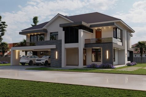 Modern 4 Bedroom Double Storey House - ID 24516 3 Bedroom Double Story House Plans, Entertaining House Plans, House Plan With 2 Master Suites, 2024 House Plans, Two Story House Design Modern, Modern Houses Exteriors, Modern House With Garage, Houses 2 Story, Home Structure Design