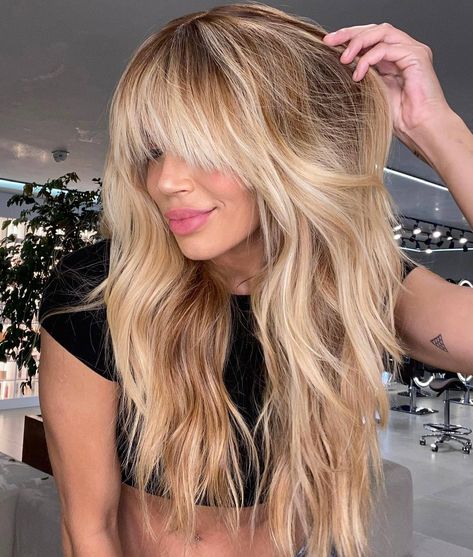 Image 1 of 1 Long Layered Haircuts With Bangs, Shaggy Layers, Bang Hair, Modern Shag Haircut, Modern Shag, Layered Haircuts With Bangs, Layered Hair With Bangs, Blonde Hairstyle, Beachy Hair