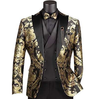 Trendy Fashion VINCI Men's Black & Gold Modern Fit 3pc Tuxedo Suit w/ Matching Bow-Tie NEW, Mens Clothing Mens Ballroom Suit, Black And Gold Suit Men Prom, Black And Gold Suit Men, Gold Suit Men, Black And Gold Prom Suit, Black White Gold Wedding Theme, Black And Gold Wedding Theme, Gold Tux, Gold Prom Suit