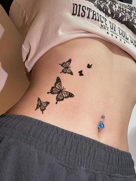 Butterfly Belly Tattoo, Butterfly Tattoo On Belly, Cute Side Tattoos For Women, Tattoo For Belly, Stomach Tattoos Ideas, Butterfly Tattoo Stomach, Tattoos About Music, Back Tattoo Women Butterfly, Butterfly Tattoo On Stomach