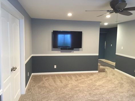 Custom Interior Trim Details - Transitional - Basement - Chicago - by Elite Builders LLC | Houzz Grey Two Tone Walls, Two Tone Room Walls, Two Toned Bedroom Walls, Two Tone Grey Walls, Paint With Chair Rail, Two Tone Living Room Walls, Walls With Chair Rail, 2 Tone Wall Paint Ideas, Chair Rail Paint Ideas