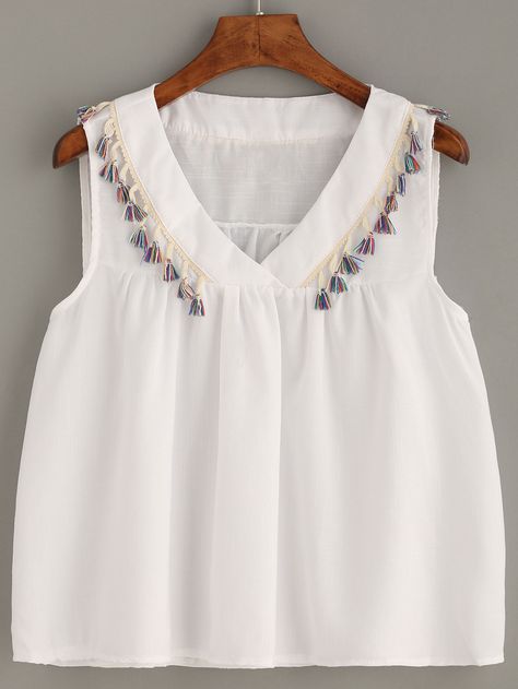 Shop White Tassel Trim Shawl Collar Top online. SheIn offers White Tassel Trim Shawl Collar Top & more to fit your fashionable needs. Cotton Tops Designs, Girls Dresses Sewing, Kids Dress Wear, Baby Dress Design, Kurta Neck Design, Linen Fashion, Girl Dress Patterns, Fashion Tops Blouse