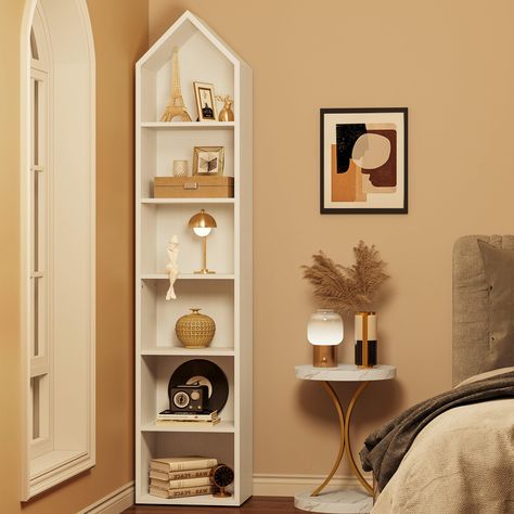 PRICES MAY VARY. White Tall Narrow Bookshelf: Our 11.8"W × 70.8"H cube book shelf fits snugly into any small corner of your home. It's versatile, serving as an open bookcase for home office, a stylish display rack for the living room or bedroom, a charming plant stand for the balcony, or a kitchen storage shelf Modern Bookshelves: The top of the white bookshelf features a unique triangular design, adding a modern and artistic flair to your space. Showcase your books, photos, plants, and decorati Tall White Bookcase, Tall Narrow Bookshelf, Tall Narrow Bookcase, Narrow Bookshelf, Bookshelf Modern, Home Office White, White Bookshelves, Storage Cubby, Small Bookshelf