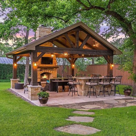 Decks With Pavillion, Outdoor Kitchen And Dining, Outdoor Living Ideas, Terrasse Design, Outdoor Covered Patio, Grill Area, Outdoor Patio Designs, Carport Designs, Outdoor Pavilion