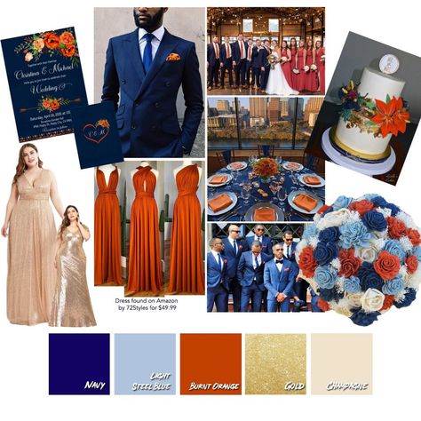 Color pallette, wedding, bridesmaids, cake, bouquet, navy blue Navy Burnt Orange Wedding Color Palettes, Burnt Orange Navy Champagne Wedding, Groom Attire Navy Blue And Burnt Orange, Sienna And Navy Wedding, Burnt Orange Navy And Cream Wedding, Royal Blue Fall Wedding Colors, Blue Orange Champagne Wedding, Navy Blue Grey And Burnt Orange Wedding, Terracota Navy Blue Wedding