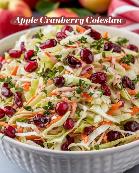 Why You'll Love This Apple Cranberry Coleslaw Bright and Colorful : The combination of green apples and cranberries creates a visually appealing dish that adds Coleslaw Cranberry Salad, Red Onion Salad Recipes, Holiday Coleslaw Recipe, Cranberry Apple Slaw, Coleslaw With Cranberries, Apple Cranberry Salad Recipe, Cranberry Apple Coleslaw, Cranberry Coleslaw Recipe, Christmas Coleslaw Recipes