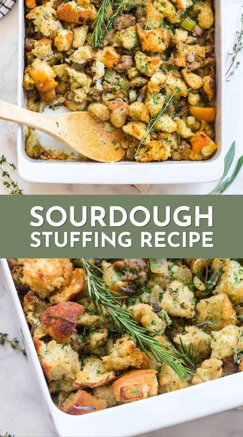 Sourdough Thanksgiving, Turkey Dinner Side Dishes, Turkey Dinner Sides, Sourdough Stuffing Recipe, Stuffing With Apples, Sourdough Stuffing, Homemade Stuffing Recipes, Turkey Side Dishes, Thanksgiving Dinner For Two