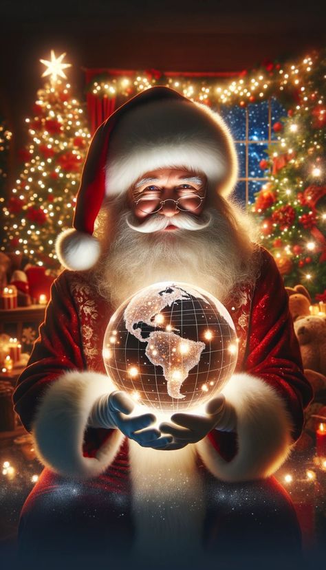 Santa Claus holding a globe with tiny lights representing all the children's homes he will visit Poses With Santa Photo Ideas, Santa Claus Pictures Image, Santa Claus Aesthetic, Beautiful Christmas Pictures, Backgrounds For Christmas, Santa Drawings, Santa Clos, Santa Wallpaper, Santa Claus Art