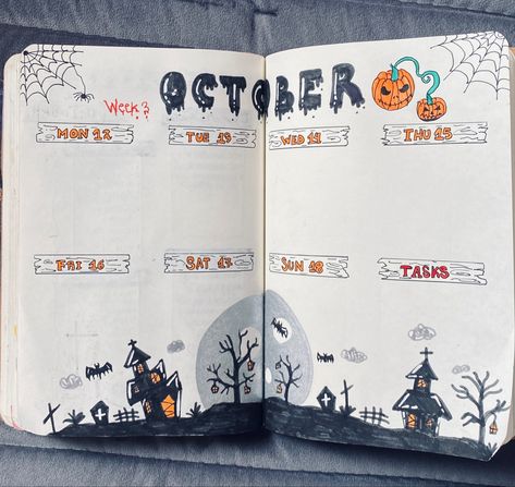 Halloween Bujo Cover, Halloween Bujo Ideas, Halloween Planner Ideas, Halloween Bujo Spreads, Halloween Bujo Theme, October Bujo Spreads, Bullet Journal Halloween Theme, Journal Halloween Theme, Halloween Bujo