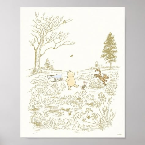 Classic Winnie the Pooh and Pals Line Art Nursery  Poster Winnie The Pooh Vintage Illustration, Earth Nursery, Winnie The Pooh Nursery Decor, Classic Winnie The Pooh, Kid Rooms, Bear Nursery, Vintage Winnie The Pooh, Nursery Poster, Playroom Ideas