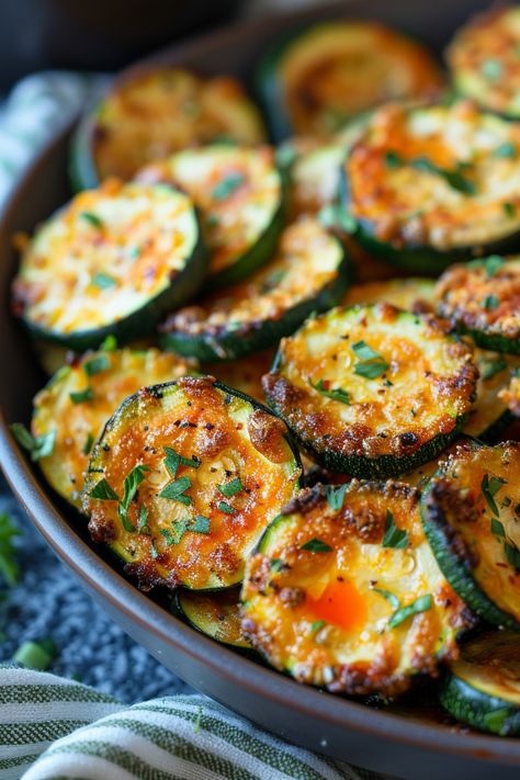 Roasted zucchini slices garnished with chopped parsley. Zucchini Recipes Crispy, Crispy Air Fryer Zucchini Chips, Zucchini Side Dish Recipes Air Fryer, Fried Zucchini Recipe Air Fryer, Zucchini Crisps Air Fryer, Airfry Zucchini Fries, Air Fryer Side Dishes Healthy, Zucchini In Air Fryer Recipes, Air Fryer Snap Peas