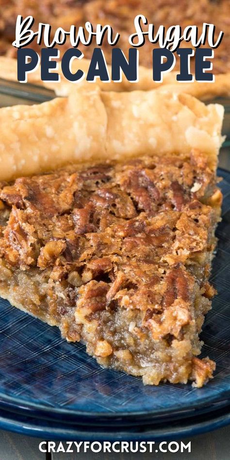 one slice of pecan pie on a blue plate with words on the photo saying the name of the recipe Brown Sugar Pecan Pie, Best Pecan Pie Recipe, Hot Fudge Cake, Hot Chocolate Fudge, Best Pecan Pie, Pecan Pie Easy, Pecan Pies, Sugared Pecans, Slow Cooker Desserts