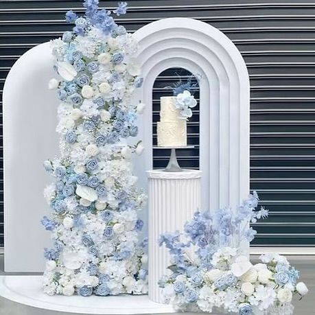 Wedding Decorations Flowers Backdrops, Blue Photobooth Backdrop, Light Blue Sweet 16 Centerpieces, Blue And White Bridal Shower Backdrop, Greyish Blue Wedding Theme, Blue And White Photo Backdrop, Something Blue Backdrop, Blue Flowers Baby Shower Theme, Engagement Party Blue And White