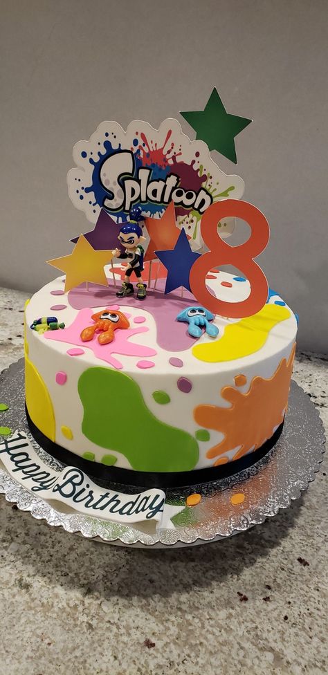 Splatoon Birthday Cake, Splatoon Cake Ideas, Splatoon Birthday Party Ideas, Mha Cake, Splatoon Cake, Splatoon Party, Splatoon Birthday, Splat Balls, Farm Birthday Cakes