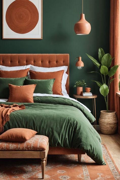 Earthy Color Bedroom Ideas, Emerald Green And Terracotta Bedroom, Green Peach Bedroom, Peach And Grey Bedroom, Bed Color Combinations, Color Combinations Bedroom, Green Bedroom Decor Ideas, Photographer Room, Burnt Orange Bedroom