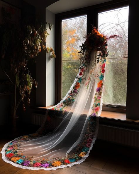 Unique and showstopping wedding veil inspiration, embroidered wedding veil, veil ideas, floral veil, bridal veil (c) Paje Honor Embroider Wedding Veil, Mexican Veil Traditional, Long Veils Bridal Floral, Mexican Embroidered Veil, Non Traditional Wedding Veil, Native American Wedding Veil, Colorful Bridal Veil, Wedding Veils With Flowers, Colourful Veil Wedding