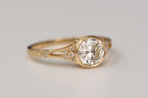 Engraved Yellow Gold Engagement Ring, Bezel Vintage Engagement Ring, Ring Bezel Setting, Vintage Inspired Gold Engagement Rings, Bezel Gold Engagement Ring, Small Vintage Engagement Rings, Yellow Gold Vintage Engagement Ring, Simple Vintage Engagement Rings Silver, Baroque Engagement Ring