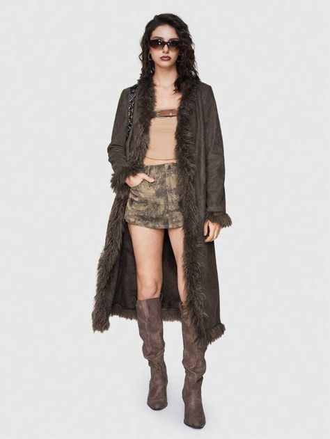 Free Returns ✓ Free Shipping✓. ROMWE Grunge Punk Milady Vintage Suede Long Coat With Fleece Lining And Fur Trimmed Edge For Women- Women Coats at SHEIN. Long Suede Coat, Women Coats, Vintage Suede, Grunge Punk, Fur Trim, Long Coat, Formal Wear, Women Clothing, Trim