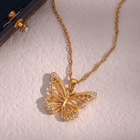 Elegant Hollow out Zircon Butterfly Necklace 18K Gold Plated Stainless Steel Tarnish Free Jewelry https://m.alibaba.com/product/1600536863959/Elegant-Hollow-out-Zircon-Butterfly-Necklace.html?__sceneInfo={"cacheTime":"1800000","type":"appDetailShare"} Butterfly Necklace Gold, Pretty Jewelry Necklaces, Detailed Jewelry, Jewelry Accessories Ideas, Butterfly Pendant Necklace, Jewelry Lookbook, Butterfly Jewelry, Fancy Jewelry, Girly Jewelry