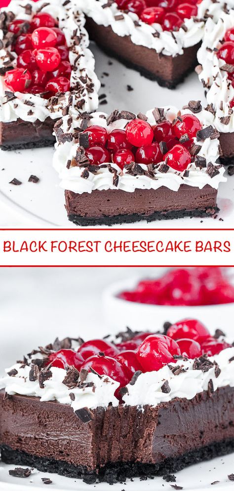 Black Forest Cheesecake Bars ~ Recipe | Queenslee Appétit Black Forest Cheesecake, Homemade Whipped Cream Recipe, Oreo Cookie Crust, Vegan Whipped Cream, Recipes With Whipping Cream, Cheesecake Bar Recipes, Oreo Recipes, Cheesecake Filling, Oreo Cookie