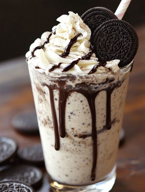 Creamy Cookies & Cream Frappuccino 🍫  📝 Ingredients:  🧊 2 cups of ice 🥛 1 cup of milk 🍬 2 tablespoons of sugar 🍦 ½ teaspoon of vanilla extract 🍪 8 Oreo cookies 🍫 2 tablespoons of chocolate syrup 🍰 Whipped cream (for topping) 🍪 Extra Oreo cookies (for garnish) 👩‍🍳 Directions:  �🌀 Blend the ice, milk, sugar, vanilla, and Oreo cookies until smooth and creamy. 🍫 Drizzle chocolate syrup inside a serving glass. 🥤 Pour in the frappuccino mixture. Creamy Cookies, Milkshake At Home, Easy Milkshake, Ice Blended, Oreo Shake, Oreo Milkshake, Cookies Cream, Ice Milk, Kawaii Cooking