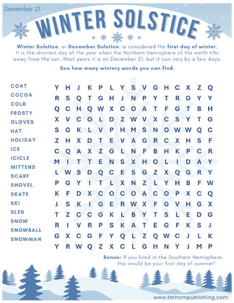 Fathom Publishing- Downloadable Holiday Activities Snow Facts For Kids, Winter After School Activities, Free Holiday Activities, Winter Activities For Middle School, Holiday Word Search Printable, Winter Solstice Coloring Pages, Winter Crossword Puzzle Free Printable, Winter Word Search Free Printable, Winter Word Search For Kids