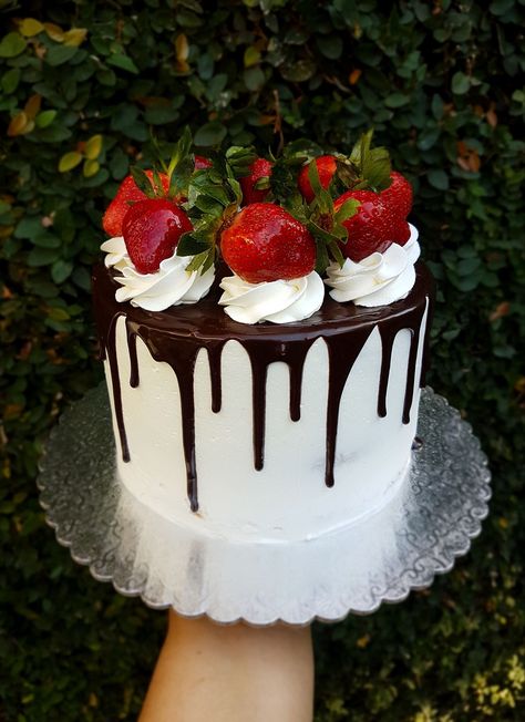 Drip Cake Strawberry, Dark Chocolate Cake With Strawberries, White Cake Chocolate Drip, Small Drip Cake, Simple Drip Cake, Strawberry Drip Cake, Chocolate Covered Strawberries Cake, Strawberry Cake Decorations, Strawberry Chocolate Cake