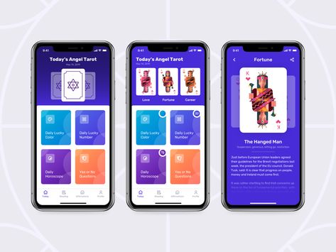 Tarot App, Angel Tarot Cards, Ui Ux App, Angel Tarot, The Hanged Man, Lucky Colour, App Design Inspiration, Fortune Telling, Book App