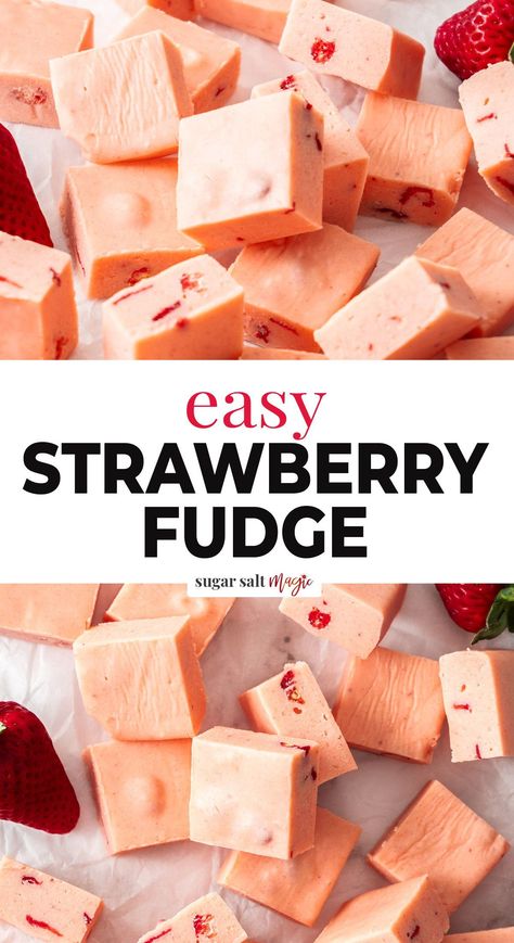 This strawberry fudge takes just minutes to make and is perfect for any strawberry-loving sweet tooth. It’s fun, easy and filled with real strawberry pieces. Flavoured with strawberry jelly crystals (jello), sweetened condensed milk, vanilla and white chocolate give this strawberry fudge a real strawberries and cream flavour. While the optional freeze dried strawberries add some real strawberry pieces into the mix. Everything gets mixed together in a saucepan and takes a maximum of 10 minutes. Fudge Recipe Condensed Milk, Strawberry Fudge Recipe, Strawberry Fudge, Jelly Crystals, Salted Caramel Fudge, Fudge Recipes Easy, Cream Candy, Sweet Treats Desserts, Strawberry Jelly