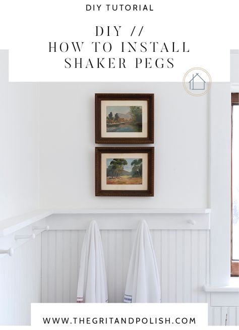 How to install Shaker Pegs | The Grit and Polish Wainscoting With Peg Rail, Shaker Pegs Bathroom, Wood Peg Crown Moulding, Shaker Pegboard, Diy Shaker Peg Rail, Shaker Shelf With Pegs, Shaker Pegs, Ikea Curtains, Shower Surround