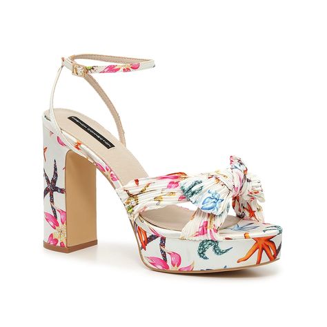 French Connection-Hyacinth Platform Sandal If your heart belongs at sea, reach for the Hyacinth sandals from French Connection. This standout pair features a strong silhouette with an ultra high heel and a platform design. Complete with a colorful pattern depicting starfish and a fun bow detail. Hoco Heels, Dress Reference, Platform Design, Colorful Heels, Floral Heels, Prom Dress Inspiration, Dress Inspiration, 8th Grade, French Connection