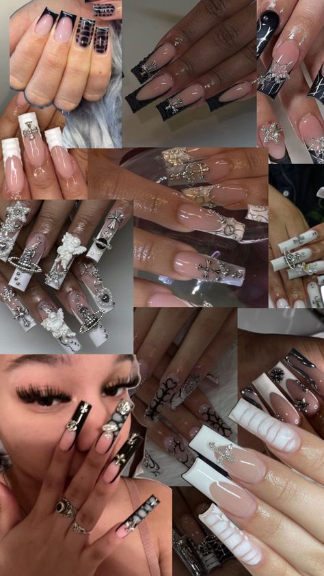 Y2K nail art, y2k nails black Y2k Nails Black, Nail Art Y2k, Y2k Nail Art, Y2k Nail, Art Y2k, Gold Acrylic Nails, White Tip Nails, Black Y2k, Y2k Nails