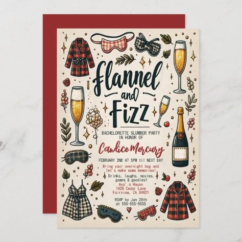 Cute Flannel and Fizz Slumber Bachelorette Party Invitation Flannel Bachelorette Party, Sleepover Bachelorette Party, Flannel And Fizz, Bachelorette Slumber Parties, Bachelorette Sleepover, Party Sleepover, Cute Pajama, Bachelorette Party Invitation, Bachelorette Party Invitations