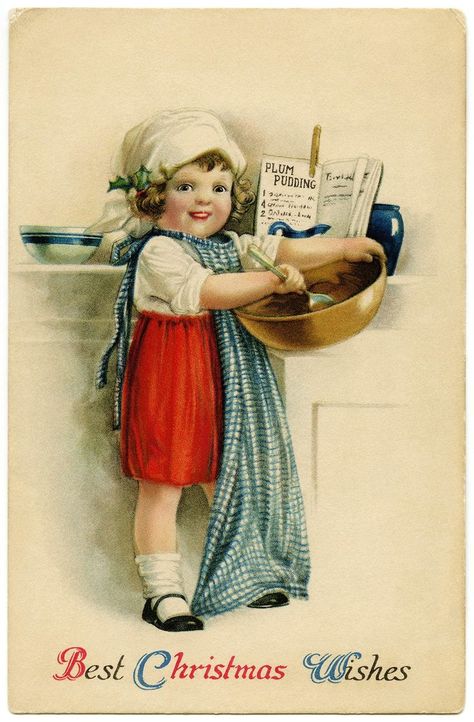 vintage Christmas postcard, Christmas girl baking, Victorian girl cooking, Ellen Clapsaddle: Best Christmas Wishes, Santa Gift Tags, Baking Christmas, 동화 삽화, Plum Pudding, Vintage Christmas Images, Old Christmas, Printable Christmas Cards, Christmas Pudding