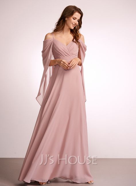 A-Line V-neck Floor-Length Bridesmaid Dress (007262606) - JJ's House Bridesmaid A Line Dress, Off Shoulder Floor Length Dress, Dusty Rose Bridesmaid Dress Long Sleeve, Boho Bridesmaid Dress Dusty Rose, Tulle Gown Bridesmaid With Sleeves, Rose Quartz Bridesmaids Dresses, Long Sleeve Chiffon Dress Bridesmaid, Blush Bridesmaid Dresses With Sleeves, Dusty Rose Dress Formal Long