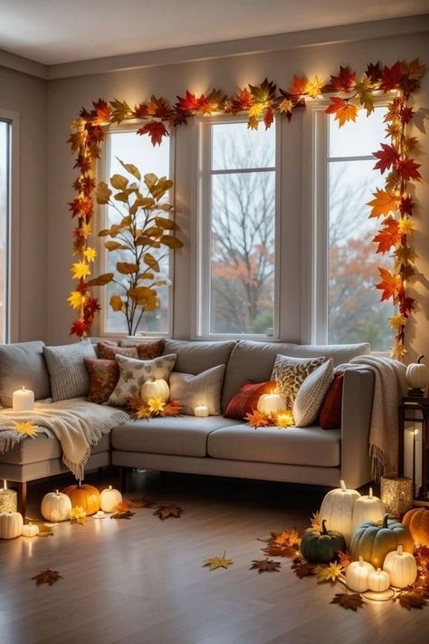 Transform your space with cozy fall bedroom decor ideas! Discover warm and inviting bedroom ideas to create the perfect autumn retreat. From rich color palettes to seasonal accents, find inspiration to make your fall bedrooms a haven of comfort. Embrace the essence of autumn bedroom decor and enjoy a snug, stylish sanctuary all season long. Fall House Decor Indoor Living Room, Office Fall Decorations Ideas, Fall Window Decor, Autumn Decorations Indoor, Fall Office Decor, Halloween Living Room Decor, Fall Apartment Decor, Halloween Living Room, Fall Bathroom