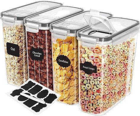 KICHLY Cereal Storage Container (Set of 4) – BPA Free Plastic – Airtight Kitchen Storage Containers -Dry Food Storage – Cereal Dispenser for Kitchen & Pantry Plain Stickers, Cereal Storage, Cereal Containers, Cereal Dispenser, Dry Food Storage, Food Storage Container Set, Airtight Food Storage, Plastic Container Storage, Kitchen Storage Containers