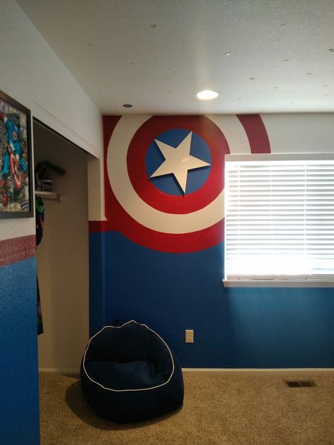 Marvel Playroom Ideas, Marvel Room Paint Ideas, Marvel Accent Wall, Captain America Room Ideas Boy Bedrooms, Avenger Room Ideas, Marvel Bedroom Ideas, Captain America Room, Avengers Themed Bedroom, Captain America Bedroom