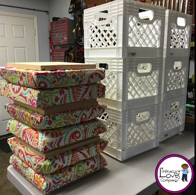 Crate stools: the perfect combination of extra seating and much needed storage.  This easy DIY project will brighten up your classroom décor and aid your classroom organization. Crate Stools, Crate Seats, Flexible Seating Classroom, Alternative Seating, Classroom Seating, Diy Organizer, Classroom Layout, Milk Crates, Flexible Seating