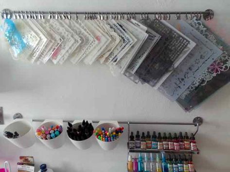 I have just had this great idea which I thought I would share with you. Here is a photo of my stencil display rack in my art room. My stencils are stored on a rail from Ikea and the hooks are from … Stencil Organization Storage Ideas, Stencil Storage Organizing, Stencil Storage Ideas, Stencil Storage, Acrylic Paint Storage, Craft Studios, Supply Organization, Ikea Organization, Craft Closet