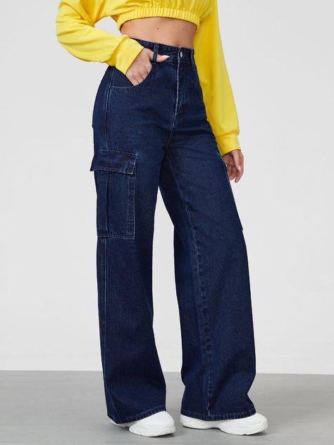 Denim Cargo Pants Outfit, Blue Cargo Pants Outfit, Dark Blue Jeans Outfit, Aesthetic Korean Outfits, Cargo Jeans Outfit, Flap Pocket Cargo Jeans, Cargo Pants Jeans, Western Party Wear, Cargo Pants Color