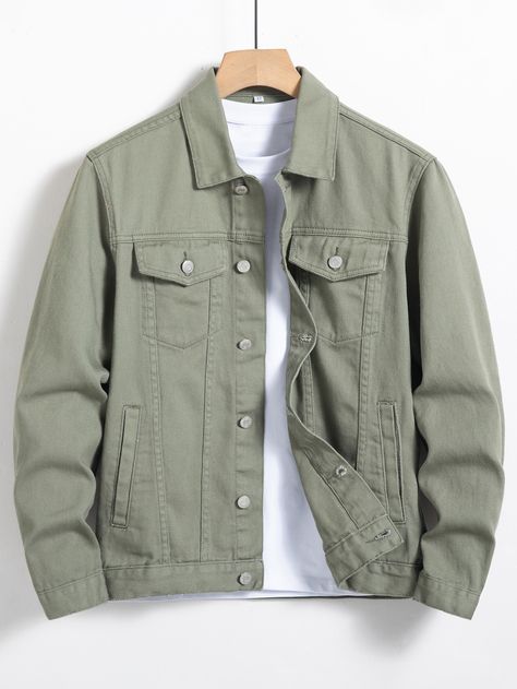 Army Green Casual Collar Long Sleeve Denim Plain Other Embellished Non-Stretch  Men Clothing Mens Smart Casual Outfits Jeans, Green Jacket Men Outfits, Jean Jacket Outfits Men, Casual Jacket Men, Men Style Casual, Jaket Denim, Mens Smart Casual Outfits, Man Jacket, Long Sleeve Denim Jacket