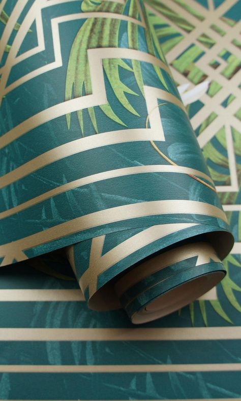 This wallpaper is combined with Tropical animals, Palm leaves, and an art deco-style geometric design that will give truly state your wall. Use it in the living room as a perfect feature wall. Order a sample to see the quality. Walls Republic has a passion for decorating and transforming your walls using today's most spectacular designs. Inspired by their passion and your needs, their collection brings together a variety of wallpapers and murals that add a unique touch to your home or office. Ma Geometric Wallpaper Teal, Wallpaper Teal, Wallpaper Australia, Albany Wallpaper, Art Deco Color, Tropical Art Deco, Gold Geometric Pattern, Turquoise Wallpaper, Turquoise Art