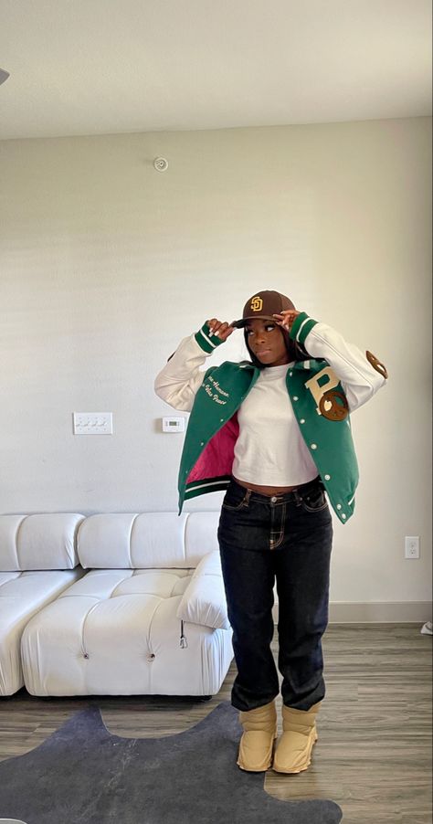 Hbcu outfit, streetwear, varsity jacket, hbcu fashion Varsity Jacket Outfit Women, Streetwear Varsity Jacket, Hbcu Homecoming Outfits, Hbcu Outfits, Hbcu Homecoming, Hbcu Fashion, Varsity Jacket Outfit, Homecoming Outfit, Jacket Outfit Women