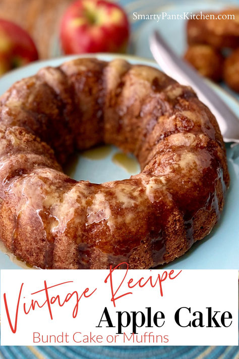 Glazed Bundt Apple Cake on turquoise plate. Vintage Apple Recipes, Apple Cake Easy Quick, Apple Cake Made With Applesauce, Apple Cake Recipe Easy Baking, Autumn Apple Cake Recipes, 3 Apples Recipe, Apple And Pecan Cake, Dried Apple Cake Recipe, Super Moist Apple Cake