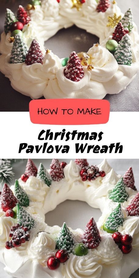 Festive Christmas Pavlova Wreath Recipe - A Holiday Dessert Showstopper Discover how to make a stunning Christmas Pavlova Wreath with light meringue and fresh fruits. Perfect as a festive holiday centerpiece, this dessert is both visually appealing and delicious! Christmas Pavlova Ideas, Christmas Pavlova Recipe, Christmas Pavlova Wreath, Dessert Centerpiece, Pavlova Toppings, Christmas Meringue, Pavlova Wreath, Christmas Fun Food, Christmas Desserts Recipes