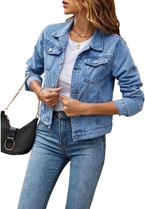 PRICES MAY VARY. Material:womensjean jacket is made of Denim and Polyester fabric ,offers lightweight/breathable and comfortable feeling. Features:Button Down ,Long Sleeve, Lapel Collar , chest pockets,,Kangaroo Pocket, chic design makes you elegant and charming. Match:denim jacket for women has multiple outfits,wear with blouse, t-shirt, leggings, jeans, can create a variety of style and adapt to different temperatures. Occasions:cropped jacket women is perfect for holiday, homecoming, dating, Women’s Denim Jacket, Trendy Denim Jacket With Buttons For Everyday, Casual Denim Jacket With Buttons, Spring Everyday Denim Jacket With Buttons, Light Blue Jean Jacket, Jackets Fashion Casual, Multiple Outfits, Jackets Fashion, Jacket With Pockets